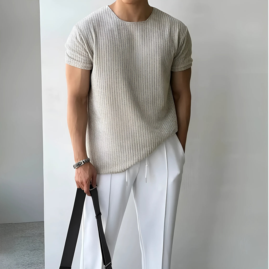 Men's breathable short-sleeve round neck T-shirt in apricot, loose fit polyester fabric