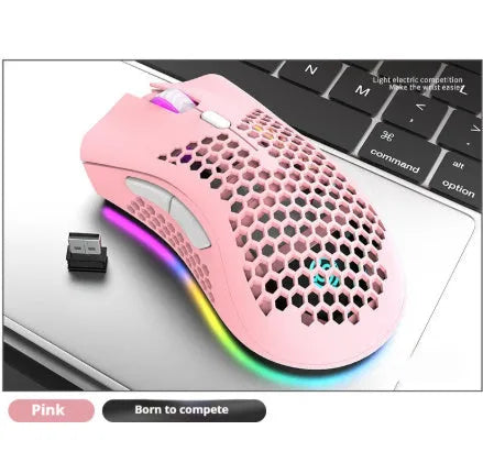 Hollow-out luminous wireless gaming mouse in cyan, black, or white colours with USB receiver