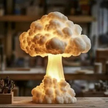 Modern art style atomic bomb mushroom cloud shaped table lamp with USB power cable.