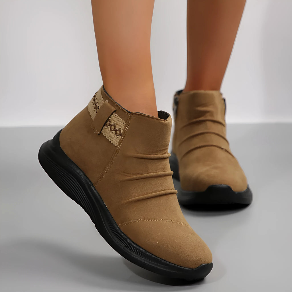 Round head women's frosted martin boots in black with platform heel and side zipper
