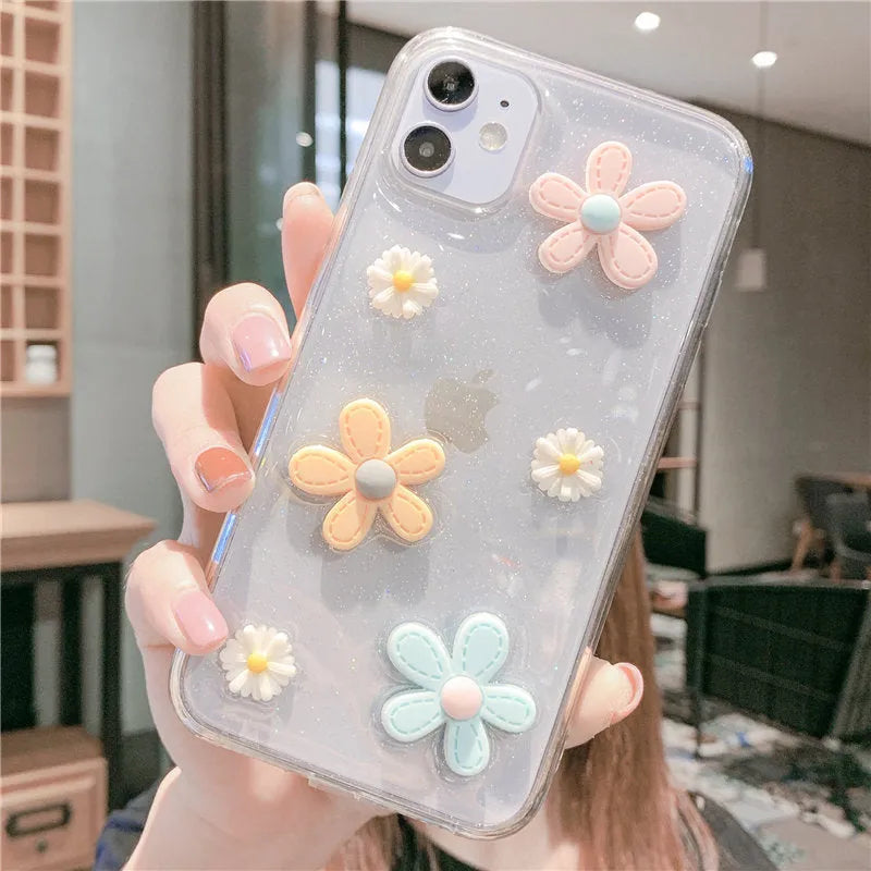 Soft rubber iPhone case with pink girl heart and New Year flower design on a white background.