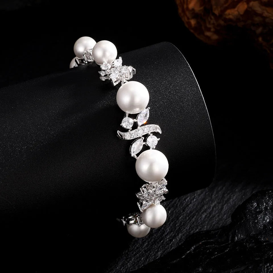 Vintage white pearl and zircon inlay bracelet on copper base with electroplated finish