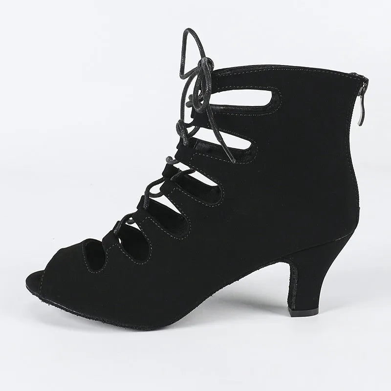 Women's lace-up Latin dance shoes in black with synthetic leather upper and leather sole, side view