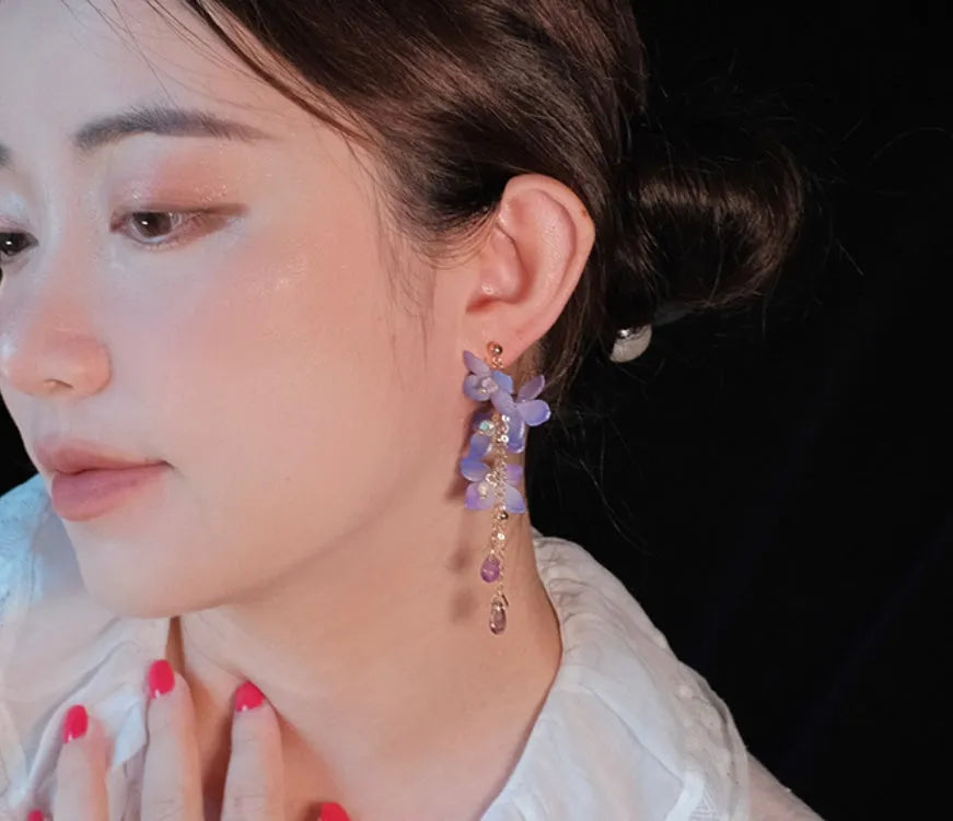Handmade cold blue purple flower long tassel water drop earrings, gold-plated inlay with artificial gem and semi-precious stone, auricular needle or ear clip style