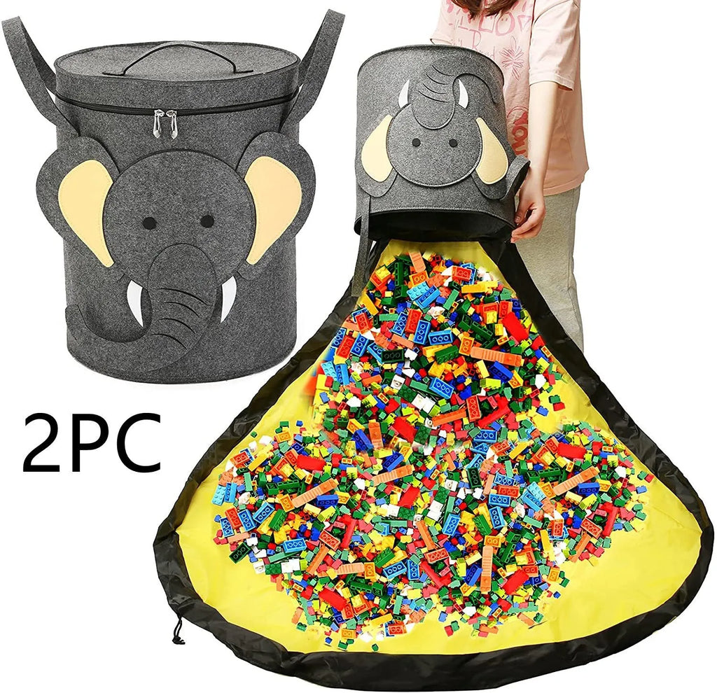 Green felt cube storage bag with pull rope closure opened as play mat