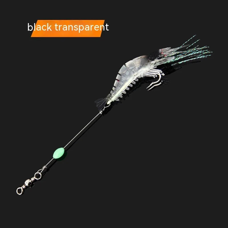 Six soft plastic fishing lures with hooks in assorted colours including black head yellow body and luminous pink