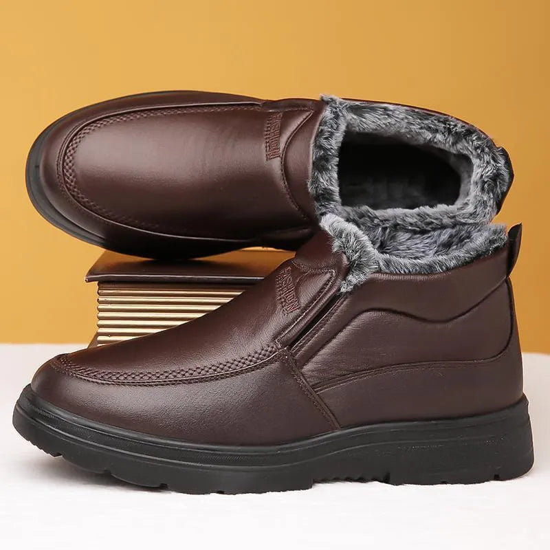 Men's black and brown winter slip-on shoes with a fleece lining and rubber sole.