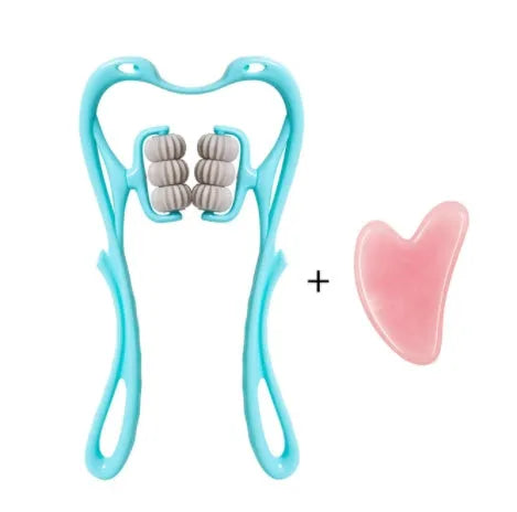 6-roller cervical neck massager in blue, ergonomic swan design, with 360° rotating massage balls and jade scraping board