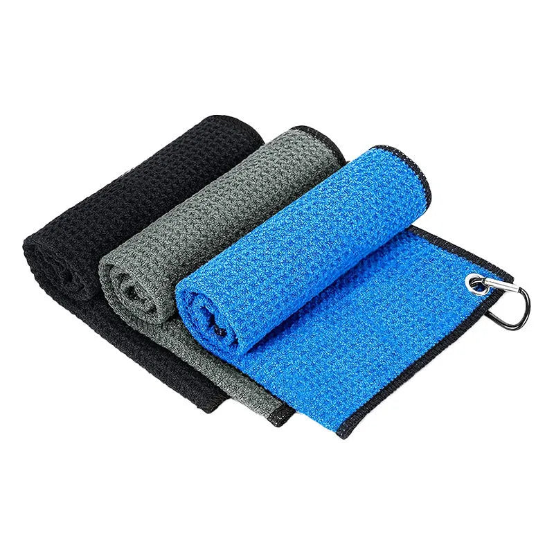 Waffle-textured golf ball cleaning cloth showing weave pattern in blue colour