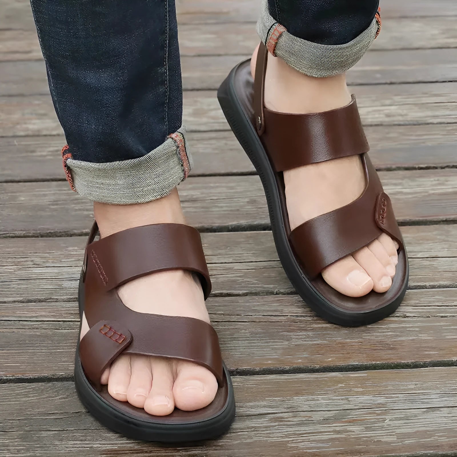 Men's brown and black waterproof plastic casual sandals for beach use