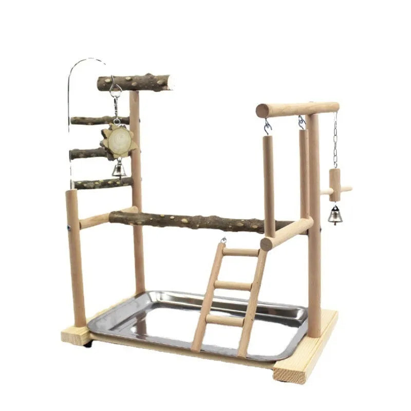 Pepper wood parrot toy stand with a textured bird perch and flat platform for small parrots.