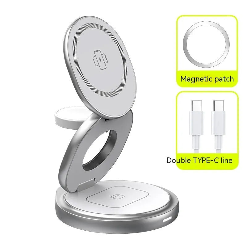 3-in-1 wireless charger magnetic folding stand in grey with phone and headphones charging on a desk