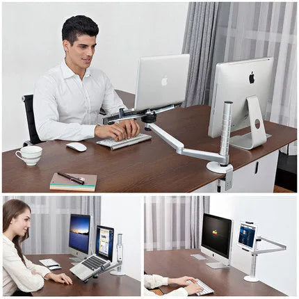 OA-1 aluminium alloy height adjustable computer stand with laptop in place showing 360-degree rotation arm