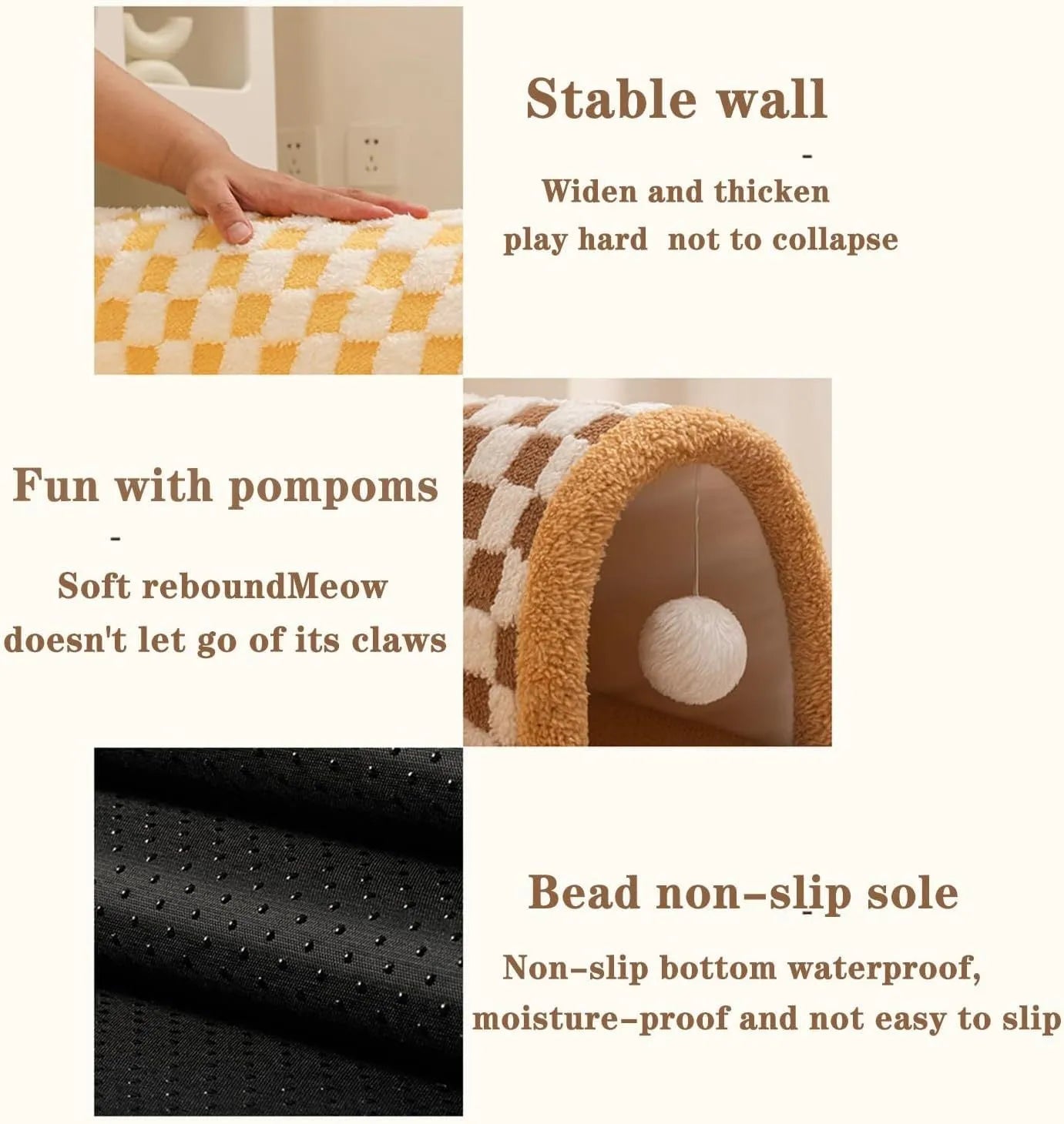 Brown plush plaid cat tunnel bed with a non-slip base on a wooden floor.