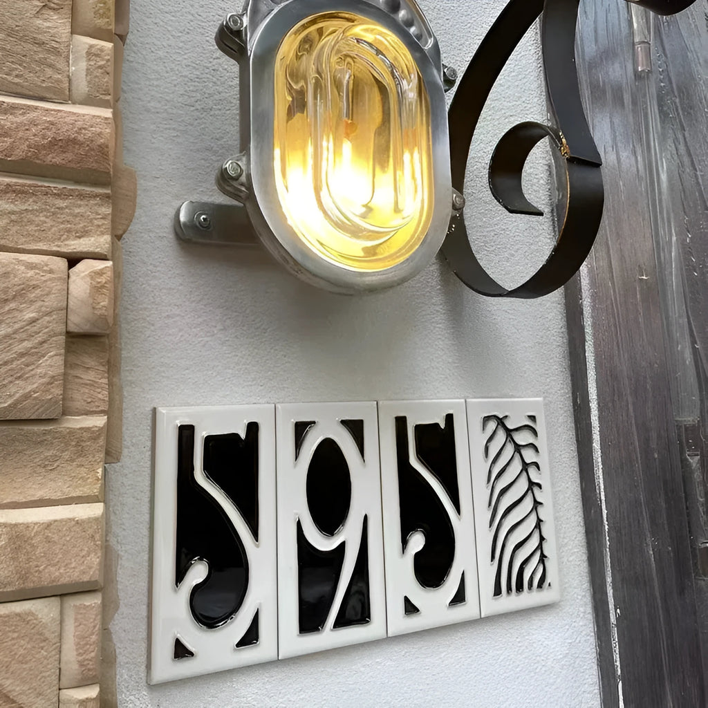 Handmade retro style enamel ceramic door plate showing a number, 76mm by 152mm.