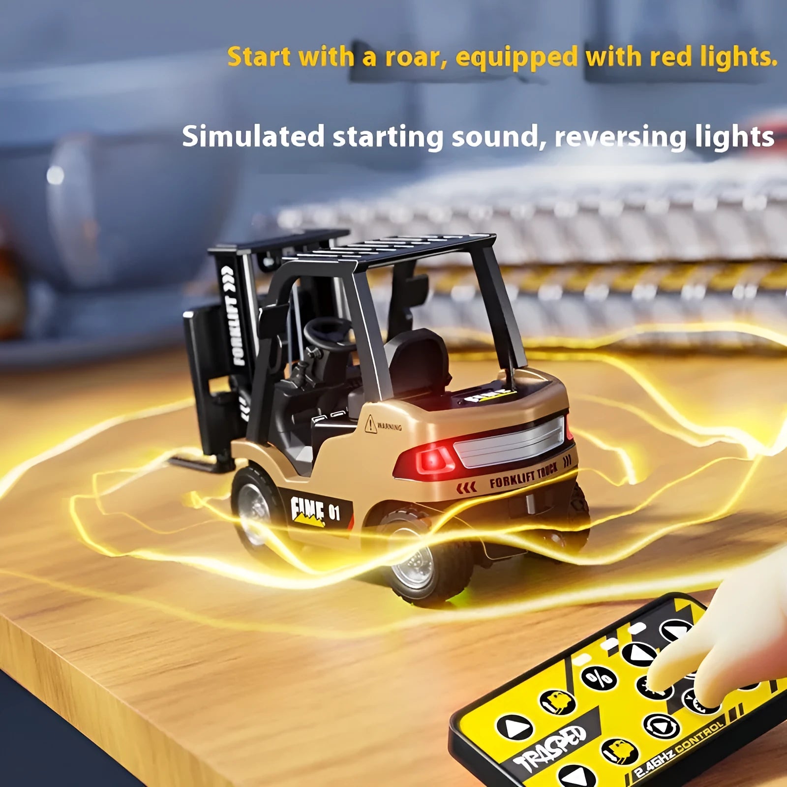 1:64 scale alloy Bluetooth remote-control forklift model with accessories and obstacles