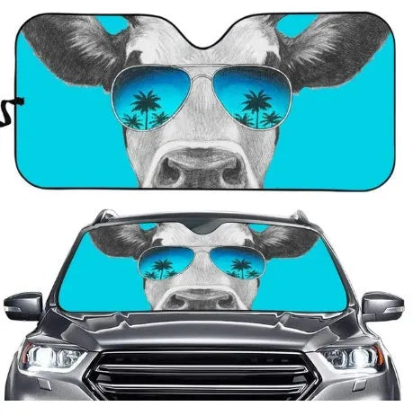 Aluminium foil car sun shield with a telescopic frame extended, designed for the front windshield.