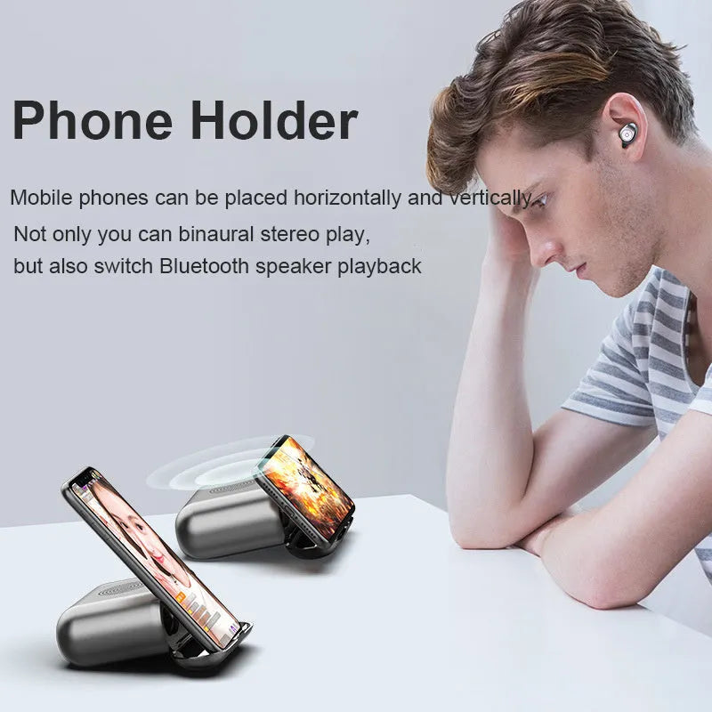 F9 5.0 wireless Bluetooth headset in black with charging case, featuring CVC8.0 noise reduction