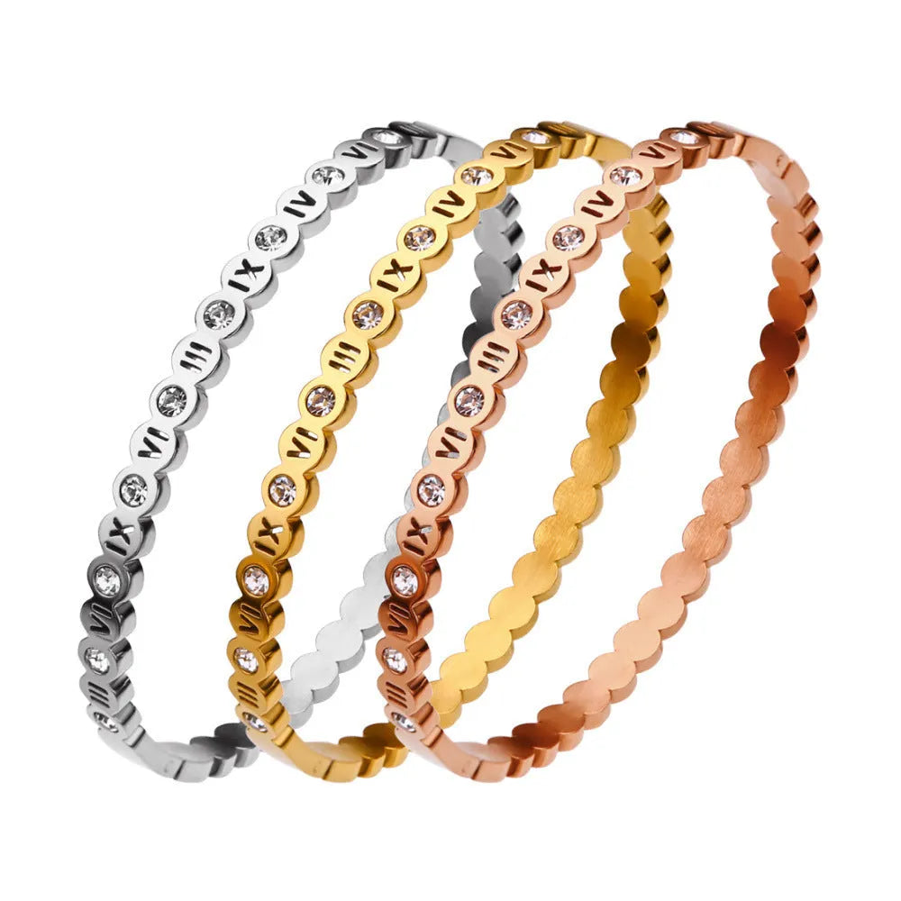 Korean style titanium steel bracelet with numeric decoration in gold, rose gold or steel electroplated finish