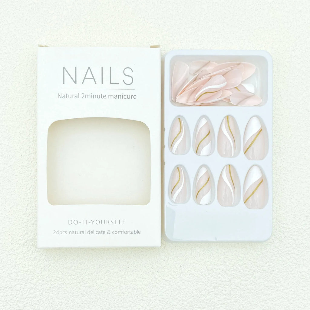 Golden lines plaid pattern on medium drop-shaped wearable nail stickers with jelly glue adhesive.