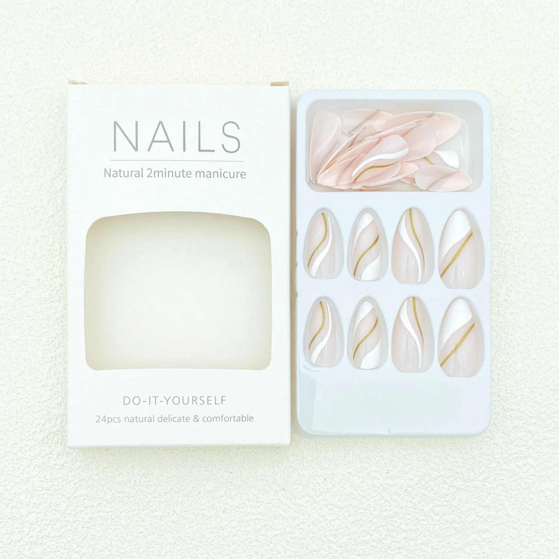 Golden lines plaid pattern on medium drop-shaped wearable nail stickers with jelly glue adhesive.
