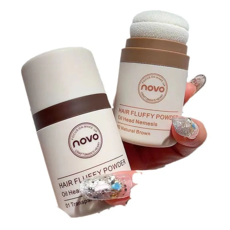Mattifying oil control face powder compact for oily skin and bangs hairline in transparent, brown, and dark brown shades.