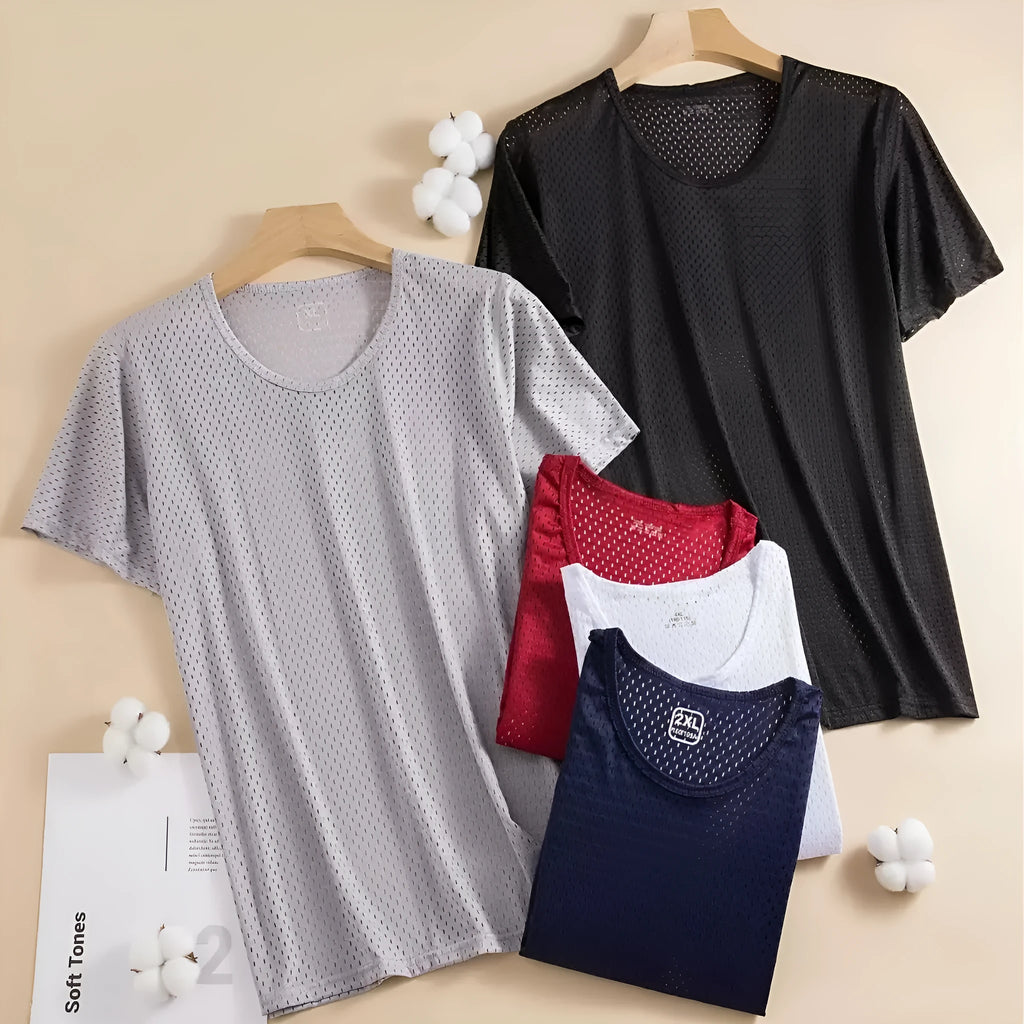 Men's black ice silk short sleeve T-shirt with crew neck and loose thin mesh fabric