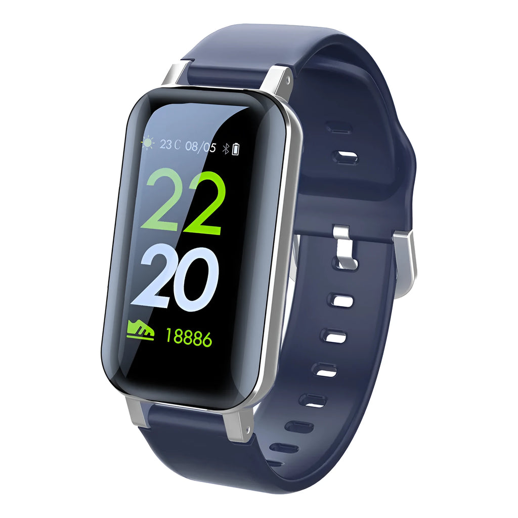Call Bracelet smart fitness tracker on a wrist showing heart rate data, available in black, blue, and coffee colours.