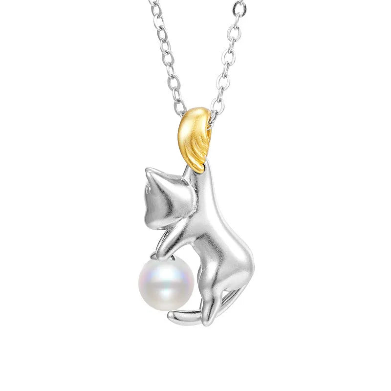 925 sterling silver cat charm clavicle necklace with an electroplated finish.