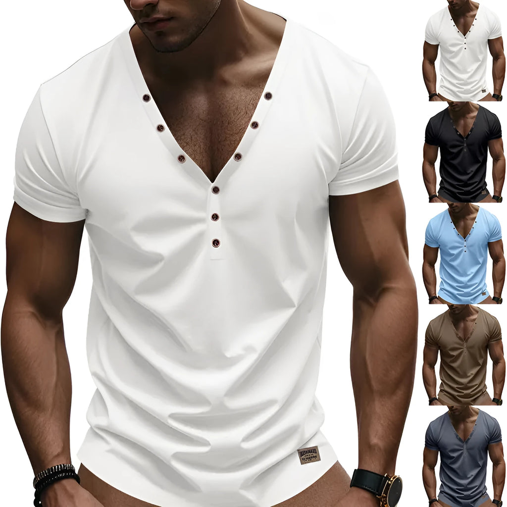 Men's loose V-neck pullover top with button detail in light blue colour