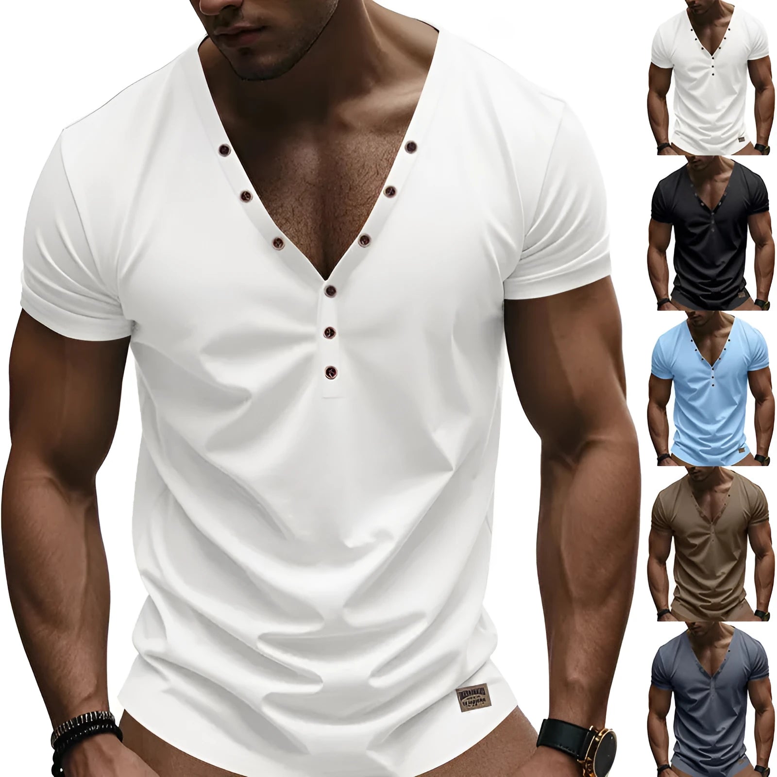 Men's loose V-neck pullover top with button detail in light blue colour
