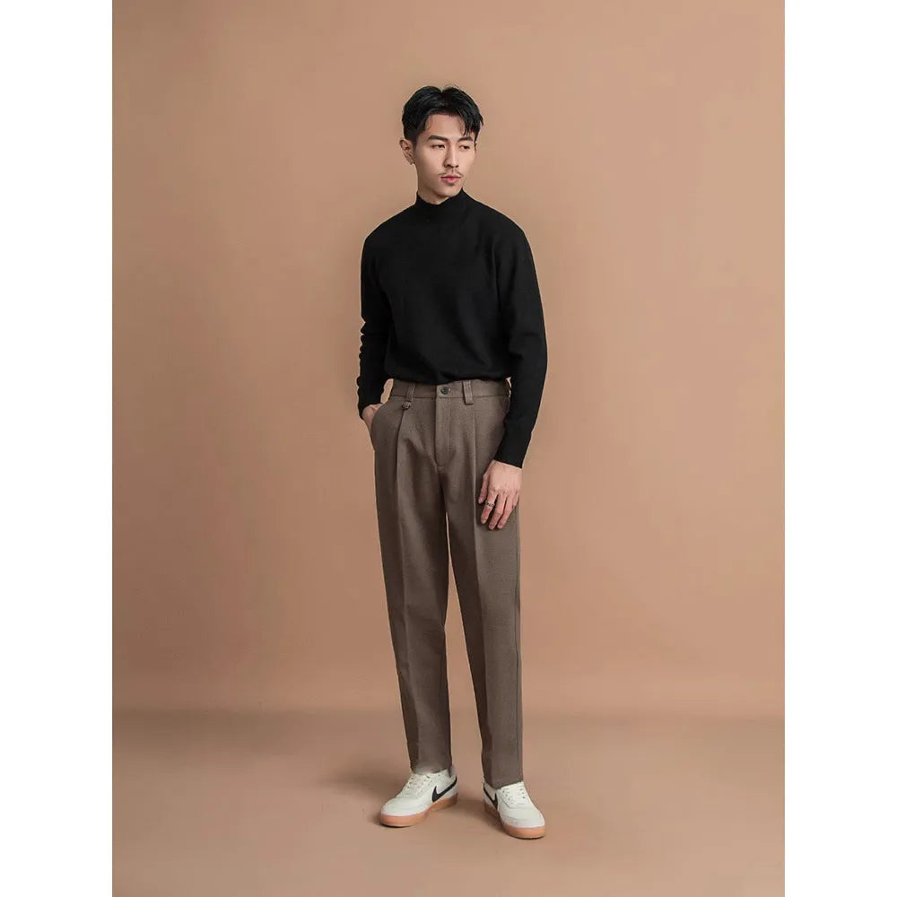 Men's straight-leg drape cut trousers in black, dark gray, khaki, and brown colours