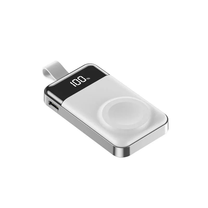 Silver mini portable wireless magnetic power bank with digital display and compact plastic shell, 75x43x16mm