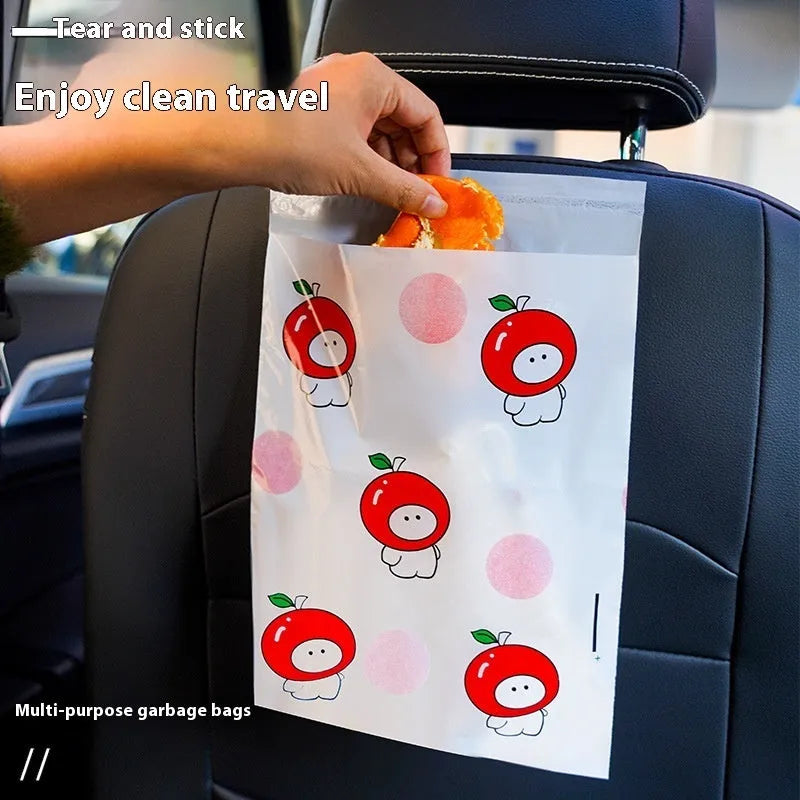 Car trash adhesive clean bag in PE material, available in 15 or 30 pack, shown with adhesive tab and colour options