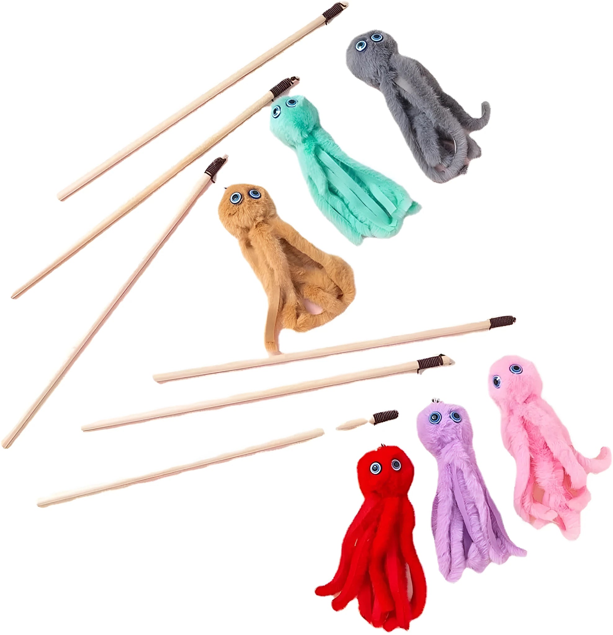 Octopus theme cat toy with long stick in bright colours for indoor kitten play