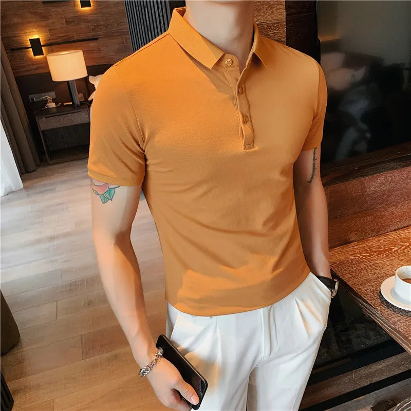Solid colour cotton blend polo shirt with lapel collar and short sleeves in tight Korean fit.