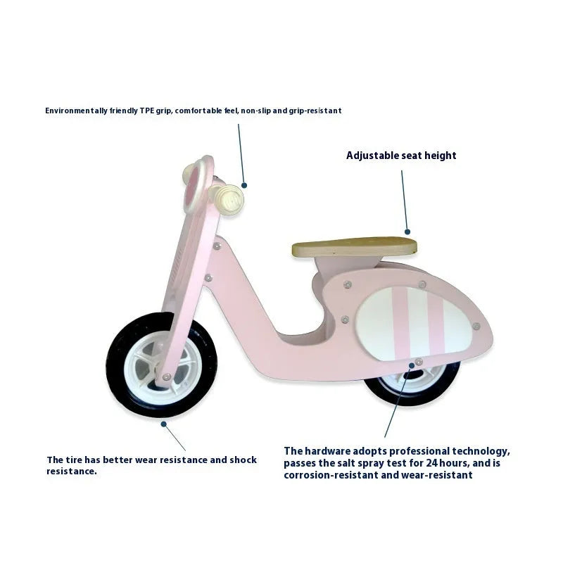 Pink wooden toddler balance scooter with 10-inch wheel for children aged 1-3 years.