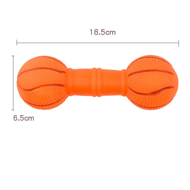 Brown, orange, white, and yellow PVC football dumbbell shaped squeaky dog chew toy