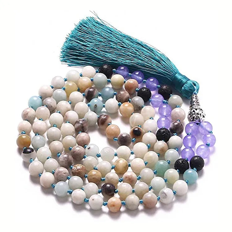 Long geometric agate tassel necklace showing colour options like Indian agate and lapis lazuli on a model.