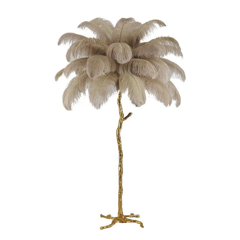 Nordic floor lamp with white feather shade and copper base, 170cm tall, placed in a living room corner