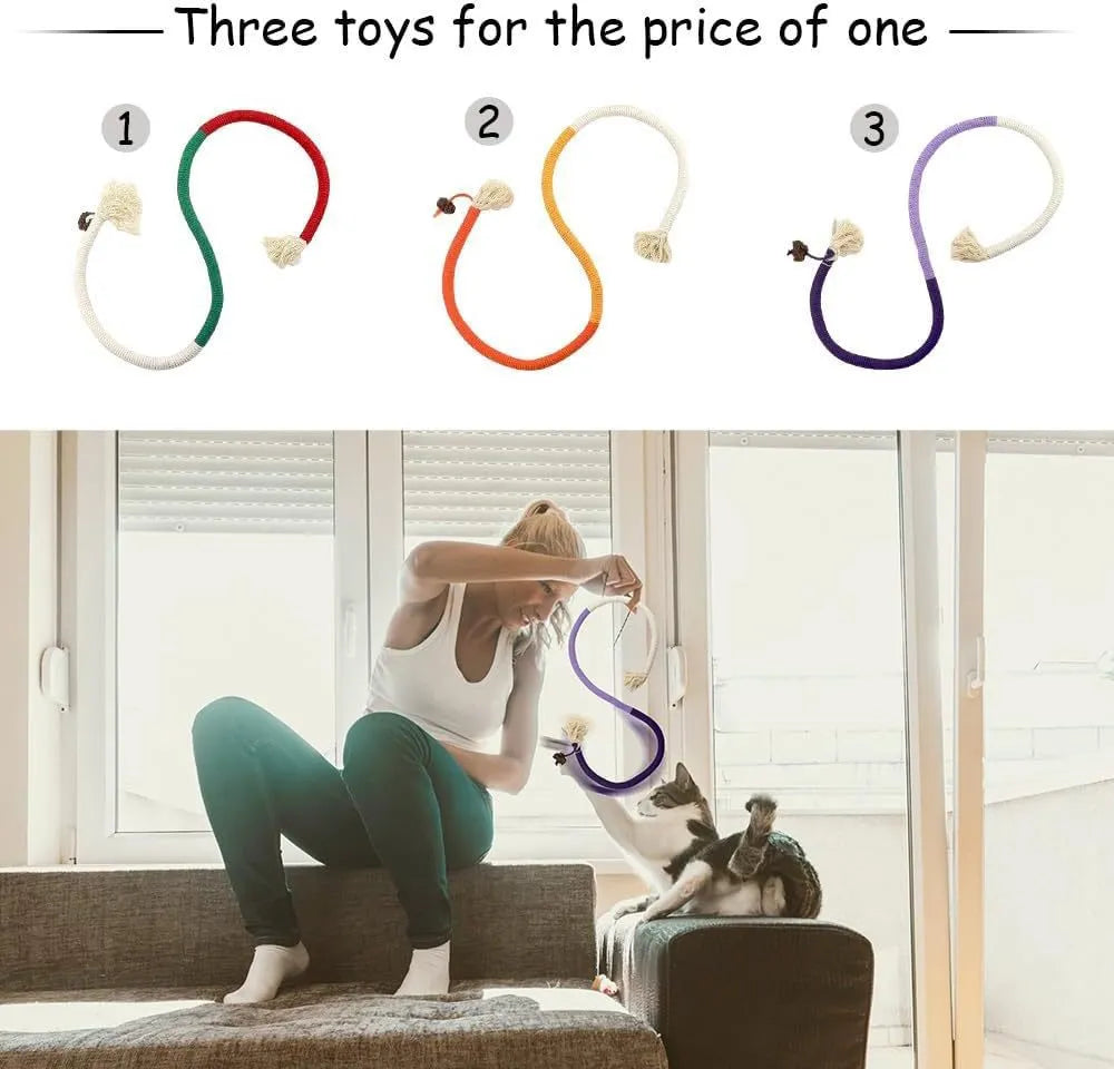 70cm long cotton string cat biting rope toy with catnip, shown in purple, orange, and red with green colour options.