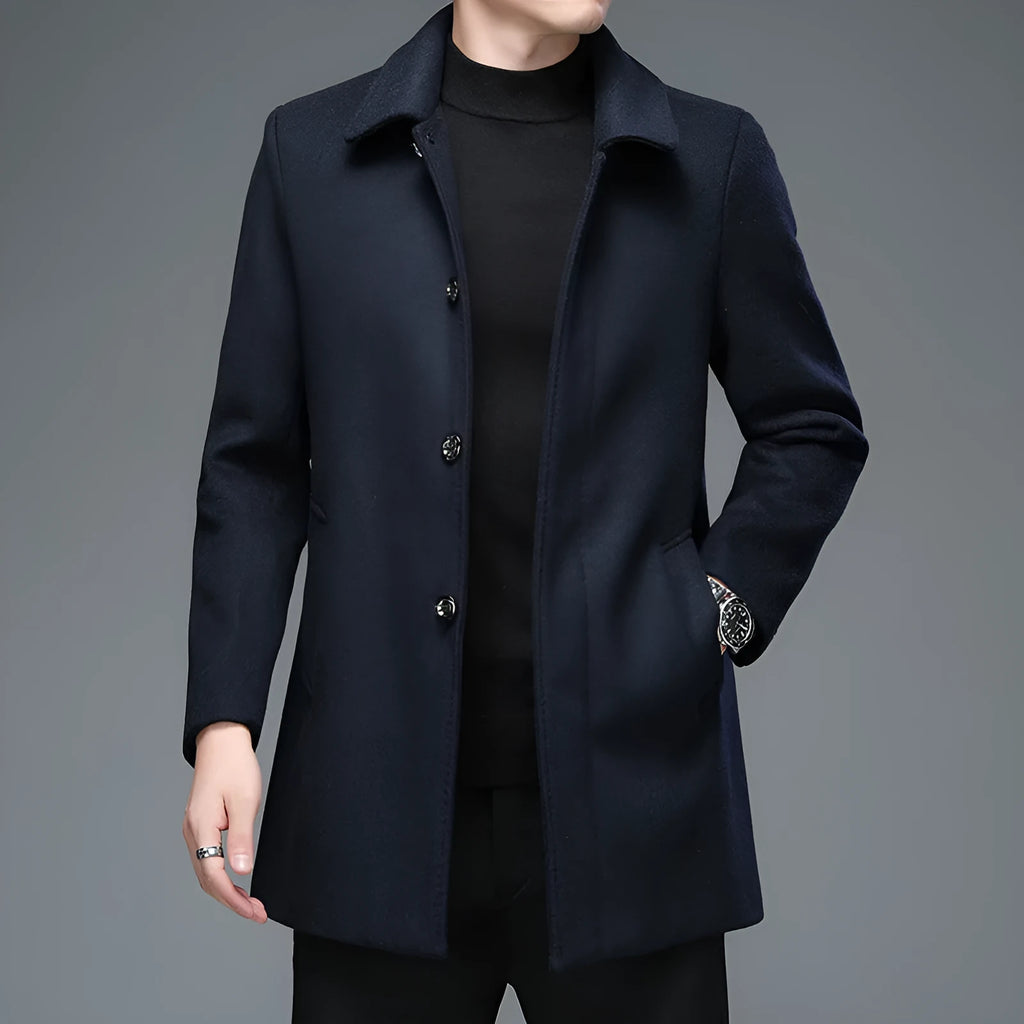 Mid-length wool blend trench coat with lapel collar in navy blue, Korean slim fit