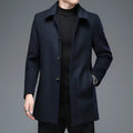 Mid-length wool blend trench coat with lapel collar in navy blue, Korean slim fit