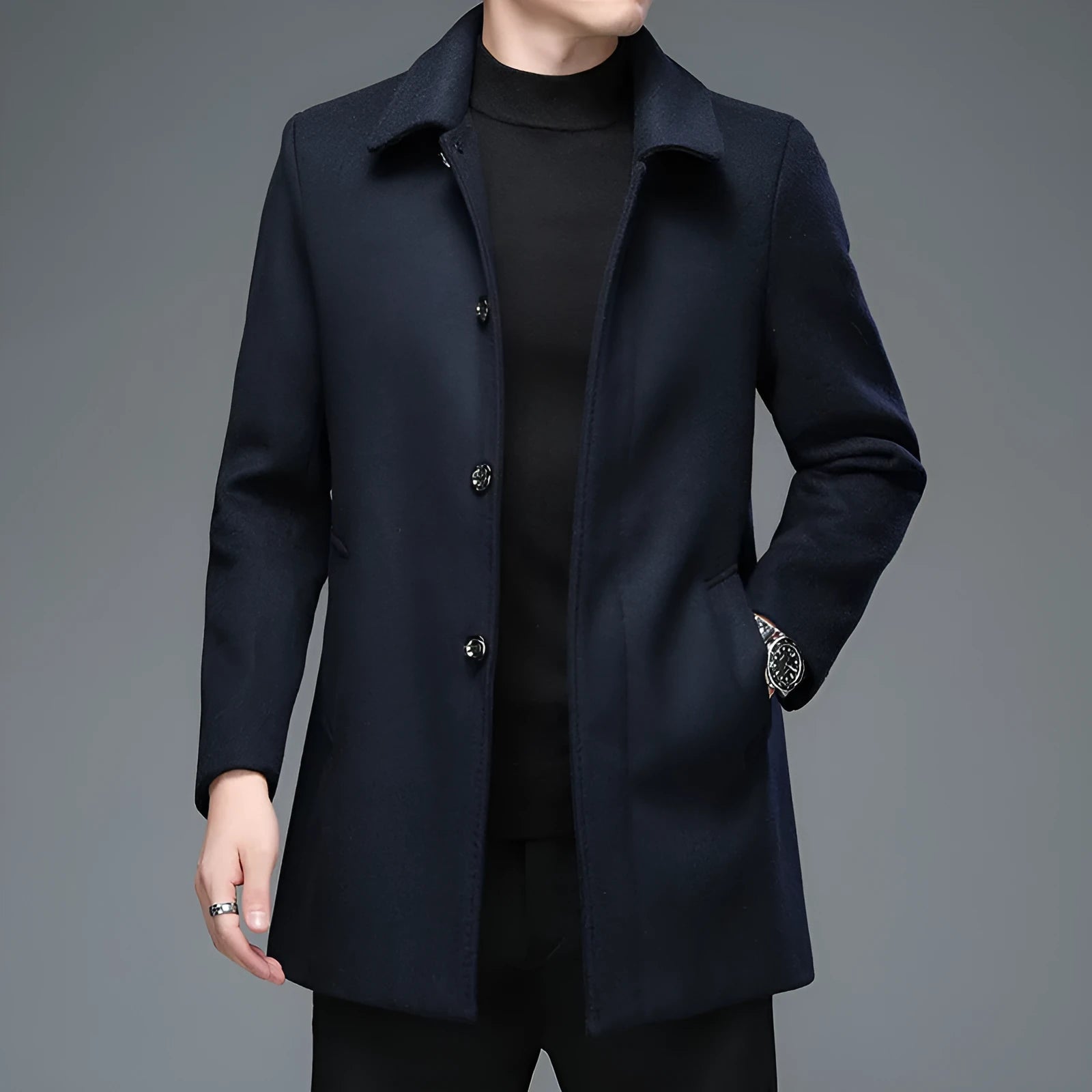 Mid-length wool blend trench coat with lapel collar in navy blue, Korean slim fit
