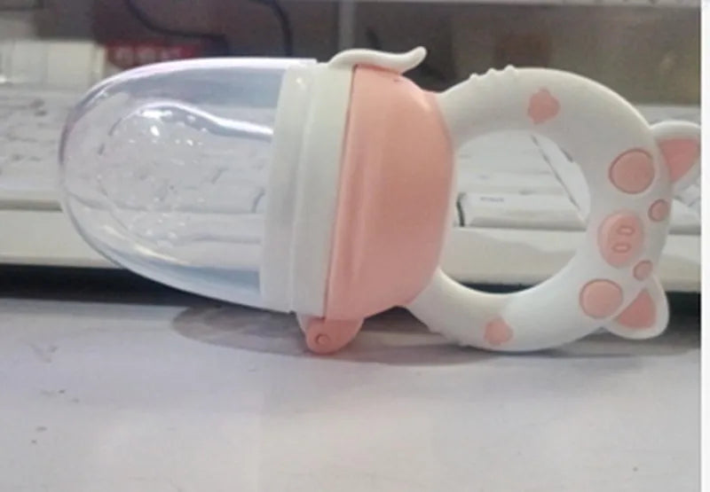 A blue silicone baby teether with a textured mouthpiece for chewing.