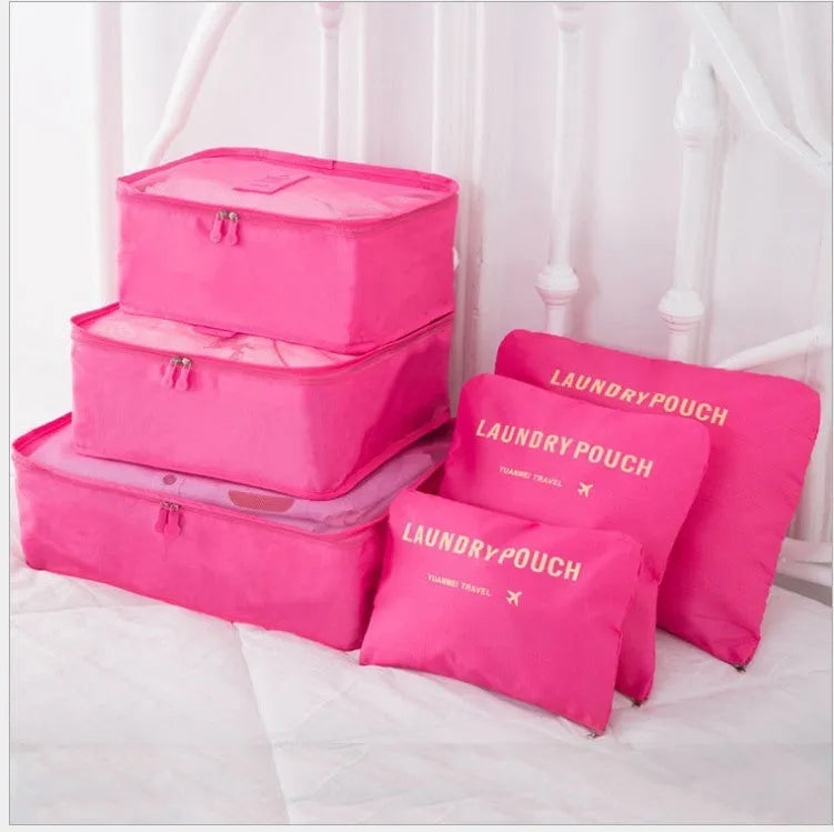 6 piece polyester travel storage bag set in hand bag type shape for clothes and cosmetic organisation, various colour options