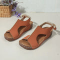 Women's plus size wedge sandals with Velcro strap, round toe, PU upper, in light brown colour
