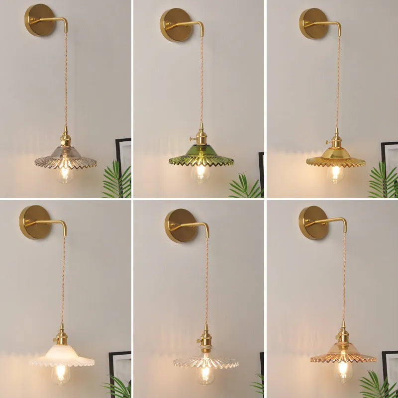 Retro brass wall lamp with a glass lotus shade in a choice of six colours on a copper base.