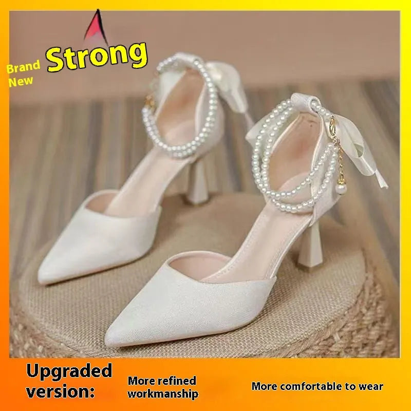 Fairy style bow high heels in apricot colour with mid wine glass heel and open toe, sizes 34-40