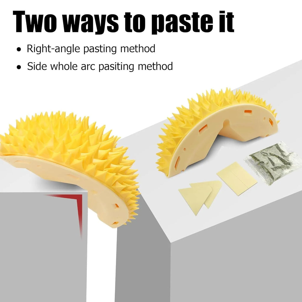 Yellow durian-shaped cat corner scratcher and grooming comb toy for indoor cats